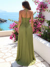 Chiffon A-Line Halter Maxi Wedding Guest Dresses with Lace Applique