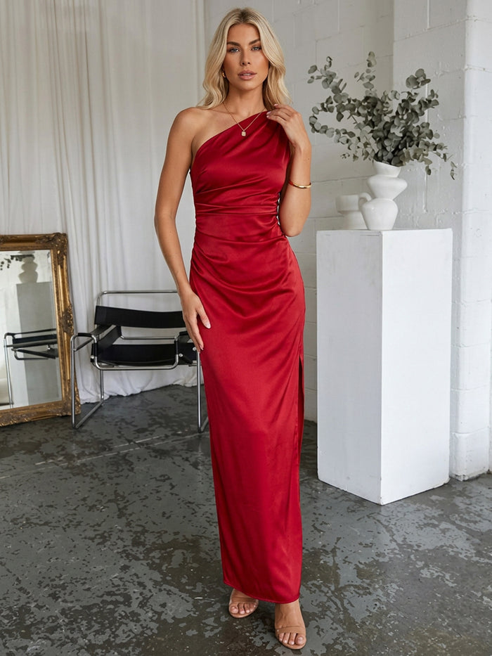 Satin Sheath One Shoulder Maxi Wedding Guest Dresses with Ruched