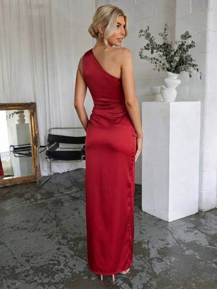 Satin Sheath One Shoulder Maxi Wedding Guest Dresses with Ruched