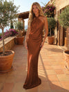 Long Satin Mermaid Criss Cross Neckline Formal Occasion Dresses
