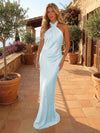 Long Satin Mermaid Criss Cross Neckline Formal Occasion Dresses
