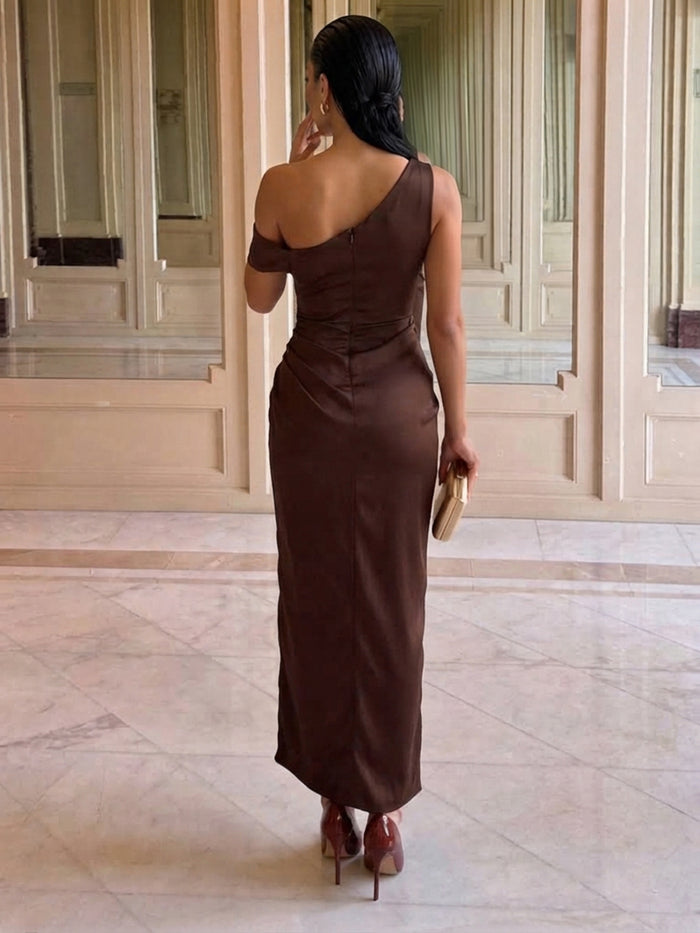 Satin Sheath One Shoulder Midi Wedding Guest Dresses with Ruched