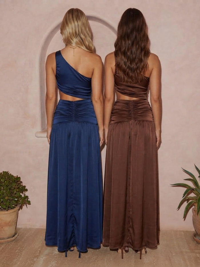 Satin A-Line One Shoulder Maxi Wedding Guest Dresses with Ruched
