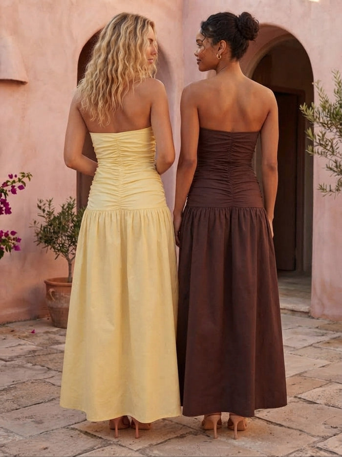 Cotton A-Line Strapless Maxi Wedding Guest Dresses with Ruched