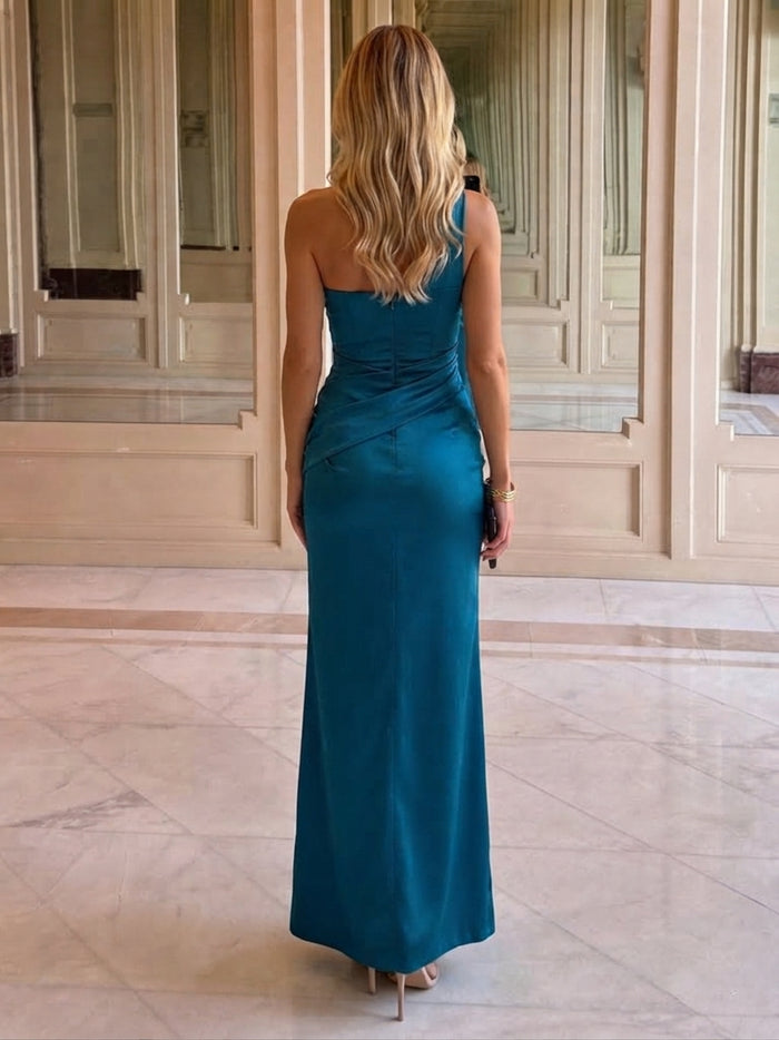 Satin Sheath One Shoulder Maxi Wedding Guest Dresses with Side Slit