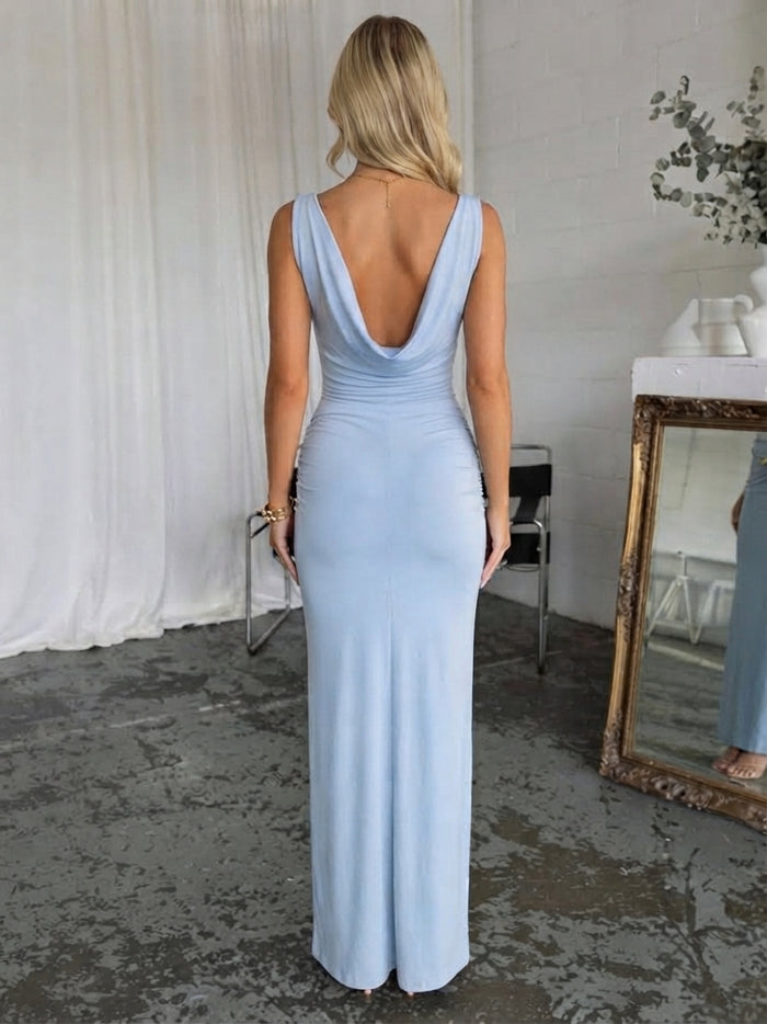 Jersey Sheath V Neck Maxi Wedding Guest Dresses with Ruched