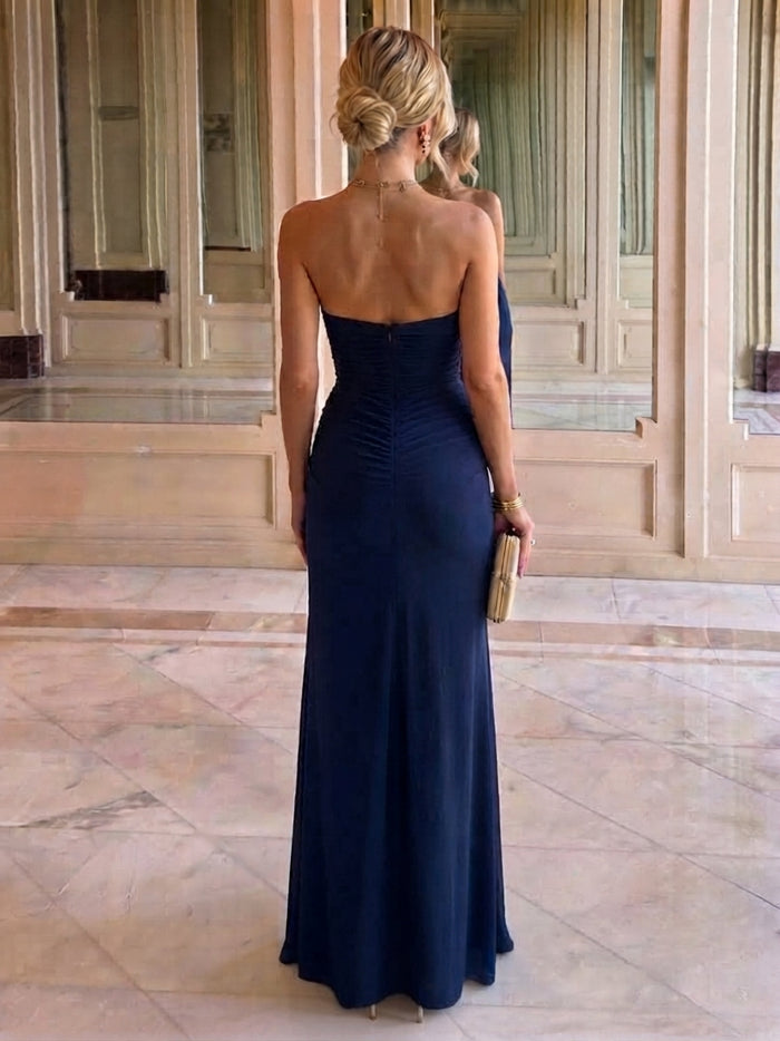 Jersey Sheath Strapless Maxi Wedding Guest Dresses with Side Slit
