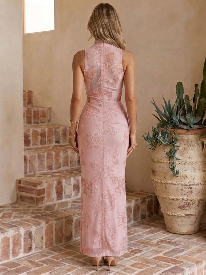 Mesh Sheath High Neck Maxi Wedding Guest Dresses with Floral Embroidery