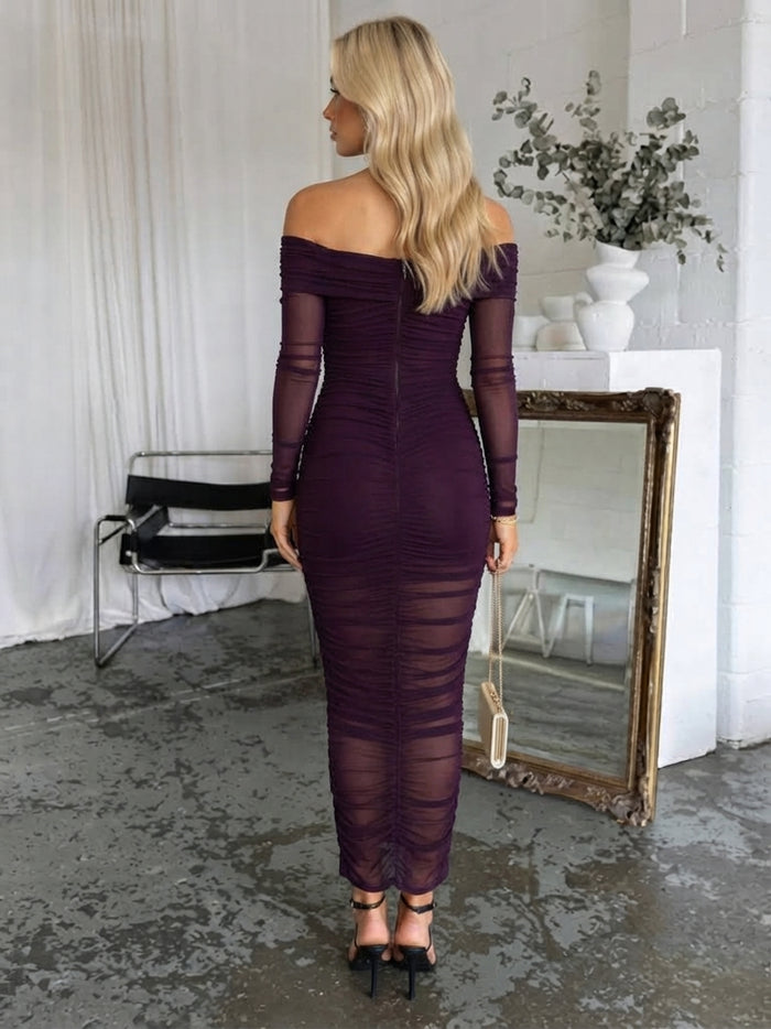 Mesh Bodycon Off Shoulder Midi Wedding Guest Dresses with Ruched