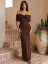 Jersey Sheath Off Shoulder Maxi Wedding Guest Dresses with Ruched