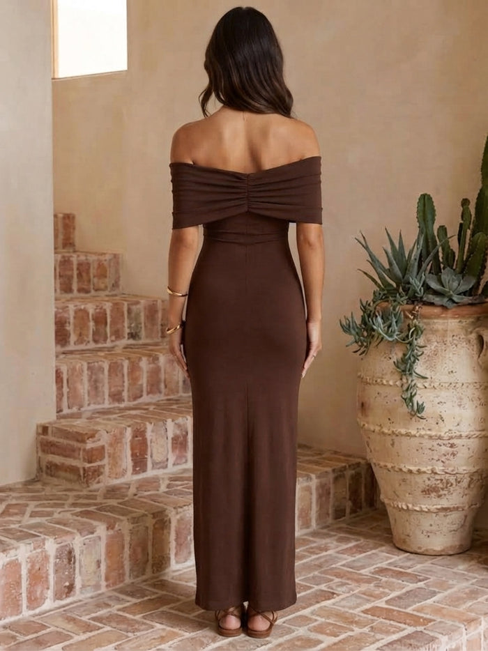 Jersey Sheath Off Shoulder Maxi Wedding Guest Dresses with Ruched