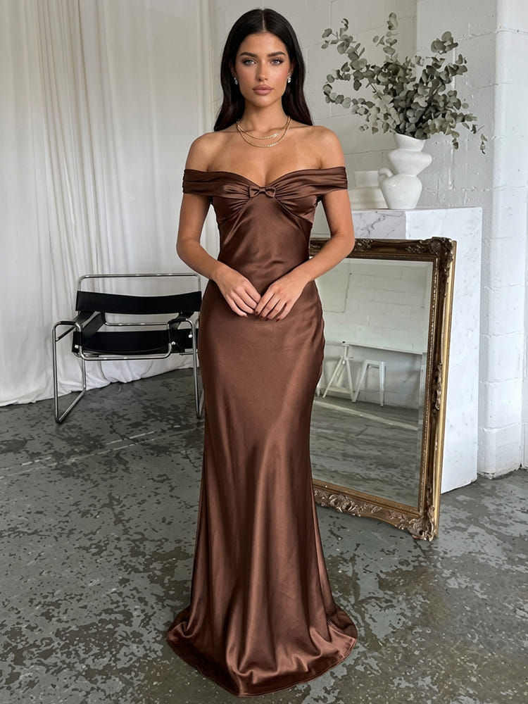 Satin Mermaid Off Shoulder Maxi Wedding Guest Dresses with Bow