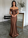 Satin Mermaid Off Shoulder Maxi Wedding Guest Dresses with Bow