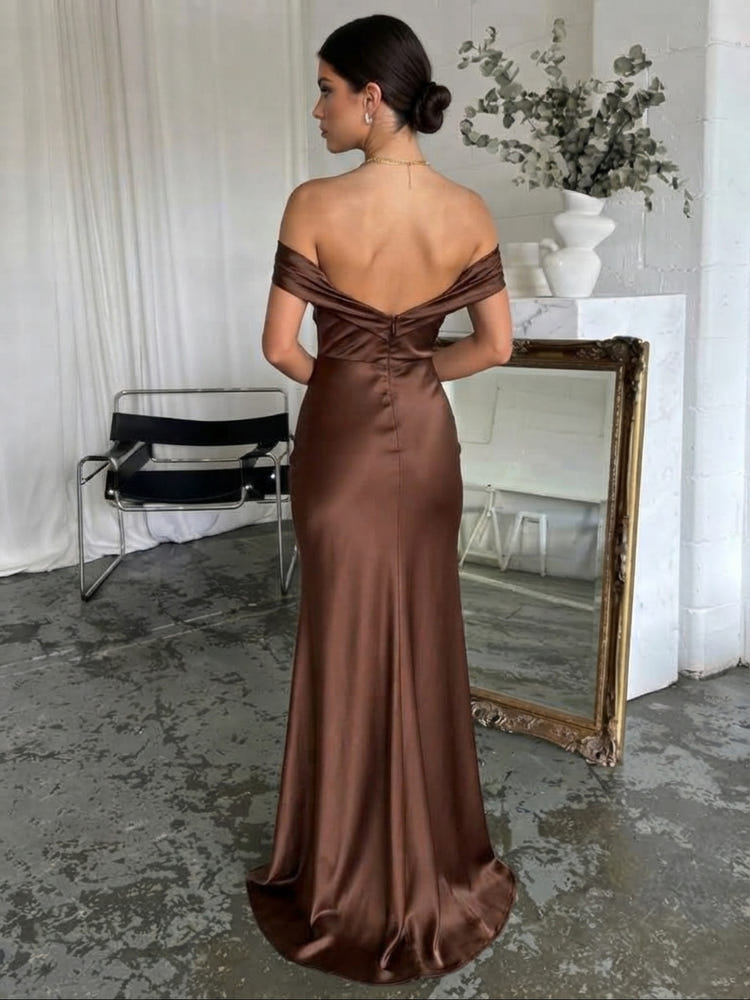 Satin Mermaid Off Shoulder Maxi Wedding Guest Dresses with Bow