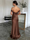Satin Mermaid Off Shoulder Maxi Wedding Guest Dresses with Bow