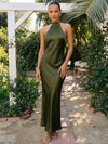 Satin Mermaid Halter Maxi Wedding Guest Dresses with Backless