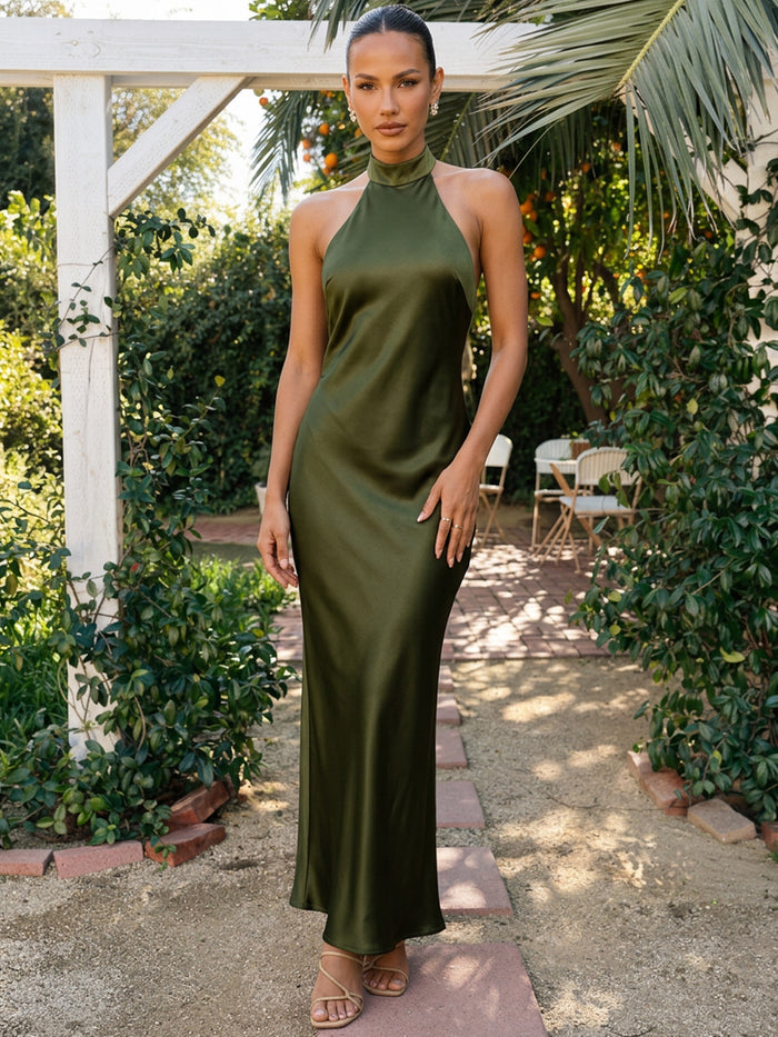 Satin Mermaid Halter Maxi Wedding Guest Dresses with Backless