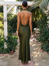 Satin Mermaid Halter Maxi Wedding Guest Dresses with Backless