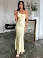Satin Mermaid One Shoulder Maxi Wedding Guest Dresses with Ruched