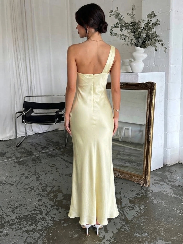 Satin Mermaid One Shoulder Maxi Wedding Guest Dresses with Ruched