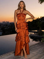 Satin A-Line Halter Maxi Wedding Guest Dresses with Tiered Ruffle