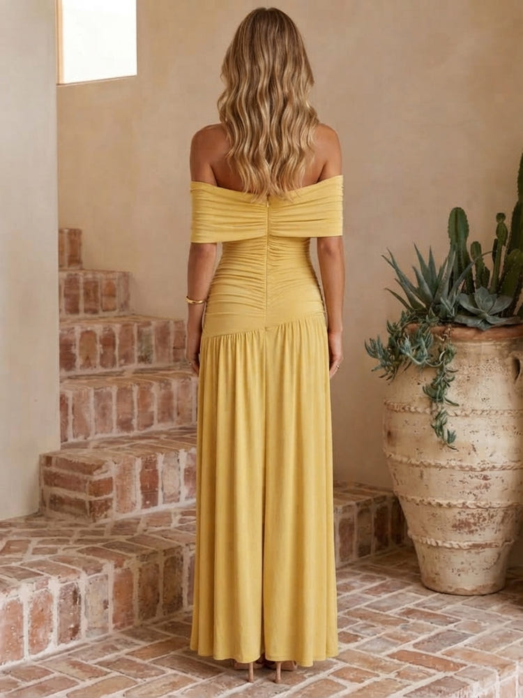Jersey A-Line Off Shoulder Maxi Wedding Guest Dresses with Ruched