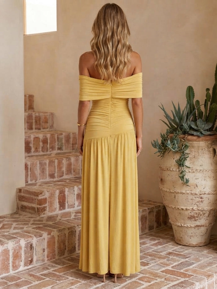 Jersey A-Line Off Shoulder Maxi Wedding Guest Dresses with Ruched