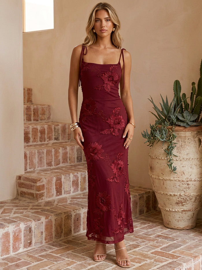 Mesh Sheath Spaghetti Straps Maxi Wedding Guest Dresses with Floral Embroidery
