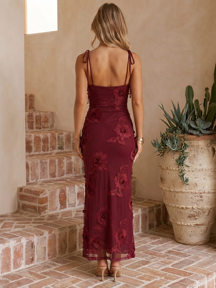 Mesh Sheath Spaghetti Straps Maxi Wedding Guest Dresses with Floral Embroidery