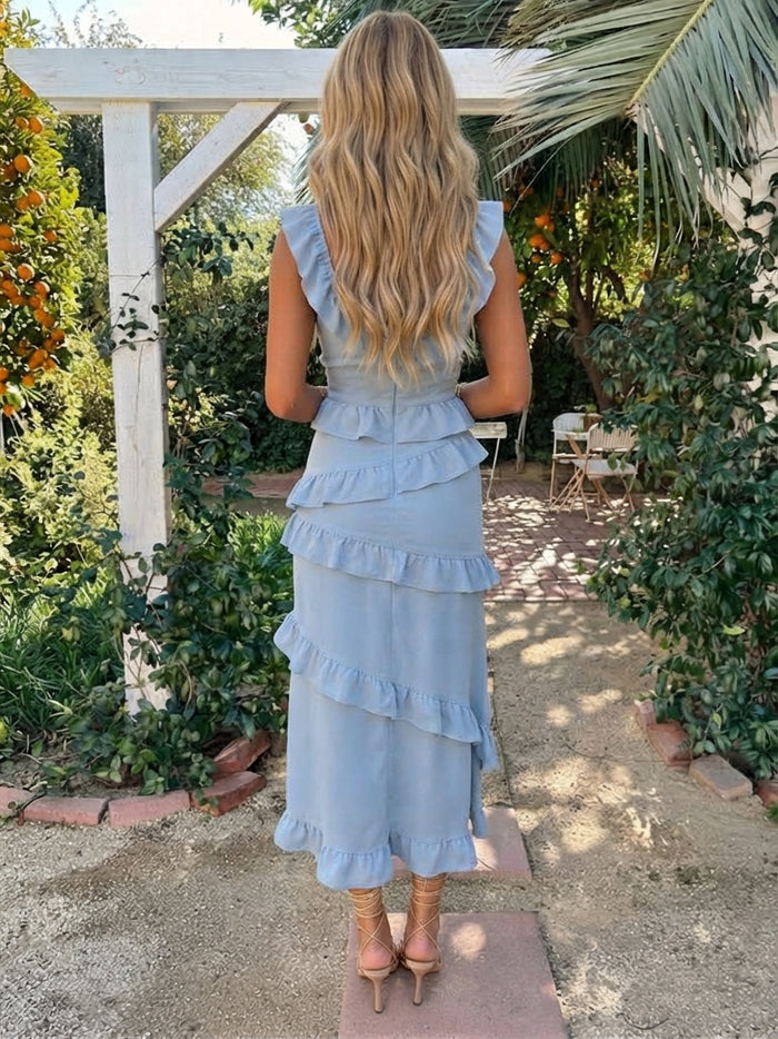 Jersey Sheath U-Neck Maxi Wedding Guest Dresses with Ruffles