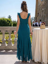 Satin Mermaid U-Neck Maxi Wedding Guest Dresses with Ruffles
