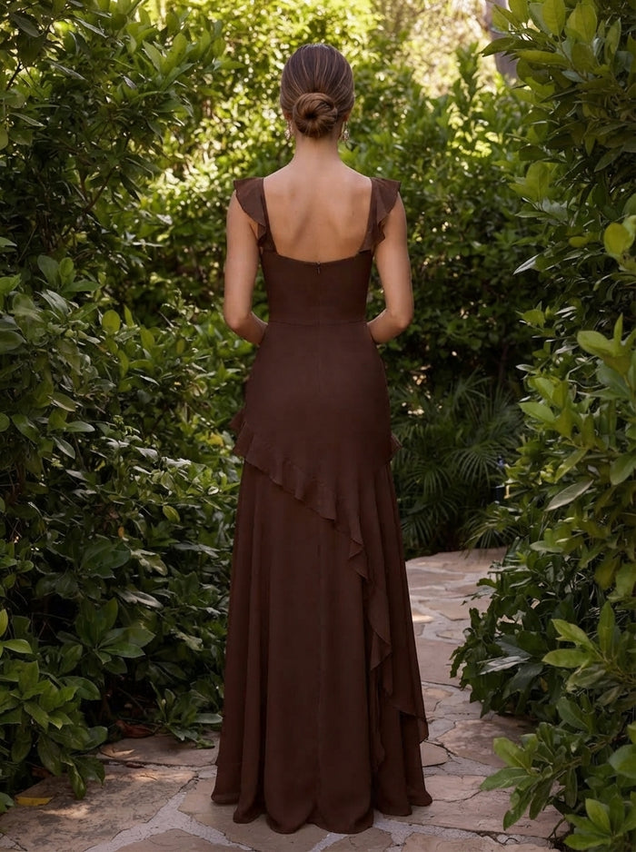 Chiffon A-Line Square Neck Maxi Wedding Guest Dresses with Tiered Ruffle