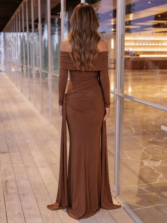 Jersey Sheath Off Shoulder Maxi Wedding Guest Dresses with Draped Side Sash
