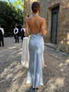 Satin Mermaid Halter Maxi Wedding Guest Dresses with Deep V Neck