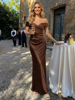 Satin Mermaid Off Shoulder Maxi Wedding Guest Dresses with Ruched