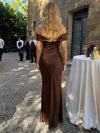 Satin Mermaid Off Shoulder Maxi Wedding Guest Dresses with Ruched