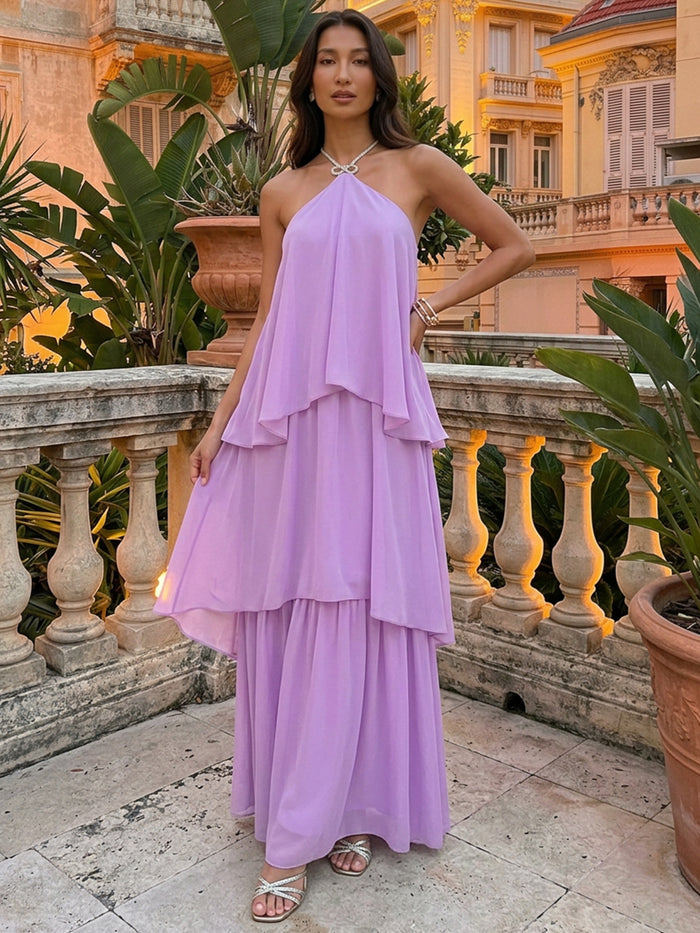 Chiffon A-Line Halter Maxi Wedding Guest Dresses with Tiered
