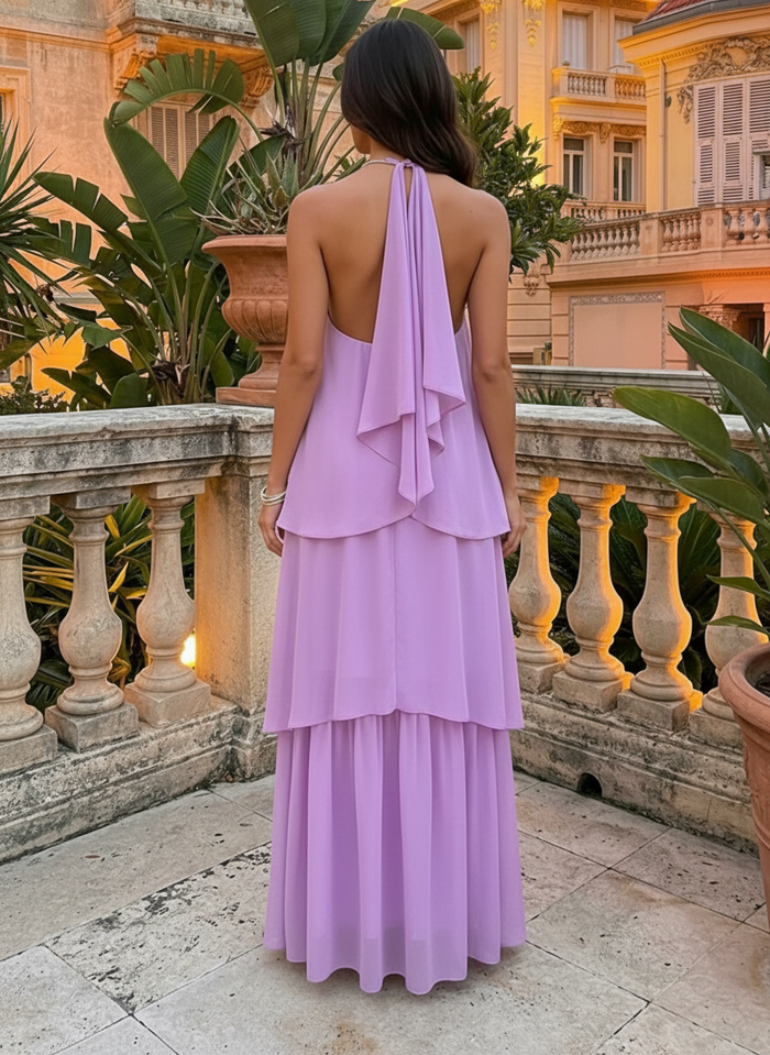 Chiffon A-Line Halter Maxi Wedding Guest Dresses with Tiered