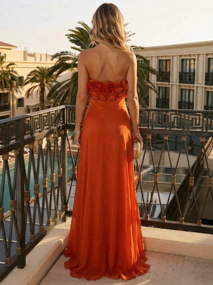 Chiffon Mermaid Strapless Maxi Wedding Guest Dresses with 3D Flowers