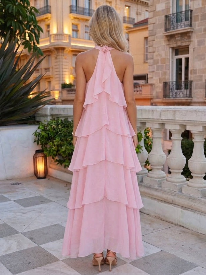 Chiffon A-Line Halter Maxi Wedding Guest Dresses with 3D Flowers