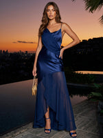 Satin Mermaid Asymmetric Neck Maxi Wedding Guest Dresses with Asymmetrical Sheer Chiffon Hem