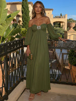 Chiffon A-Line Off Shoulder Maxi Wedding Guest Dresses with Rhinestone