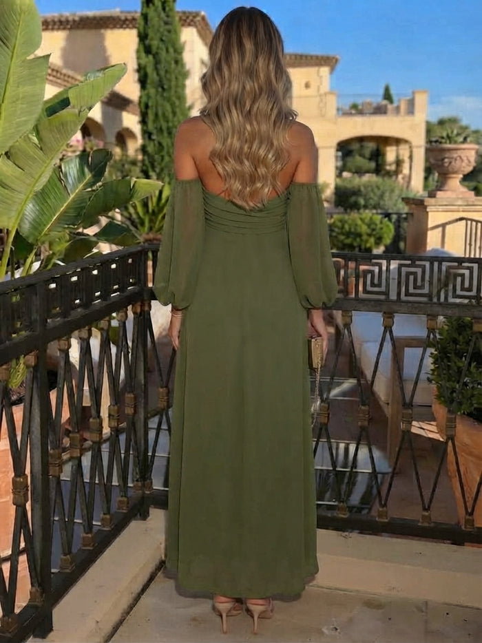 Chiffon A-Line Off Shoulder Maxi Wedding Guest Dresses with Rhinestone