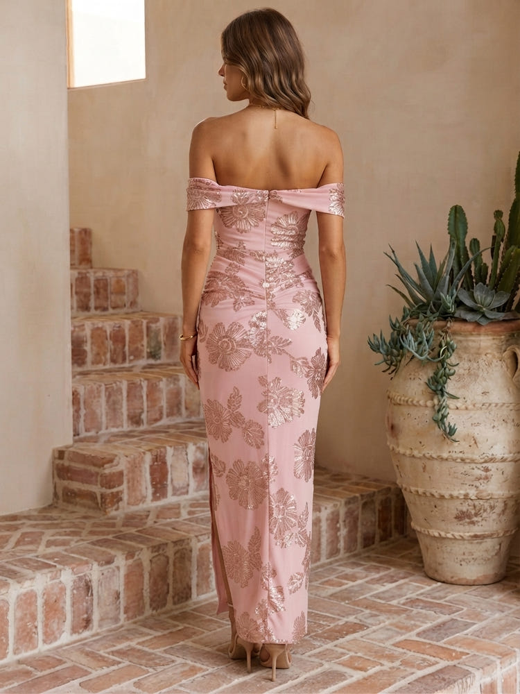 Mesh Sheath Off Shoulder Maxi Wedding Guest Dresses with Floral Embroidery