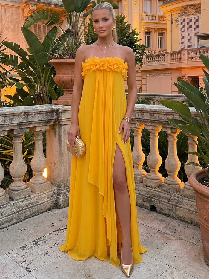 Chiffon A-Line Strapless Maxi Wedding Guest Dresses with 3D Flowers