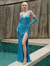 V Neck Mermaid Sequin Evening Dresses with Slit
