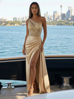 One Shoulder Mermaid Sequin Evening Dresses with Slit
