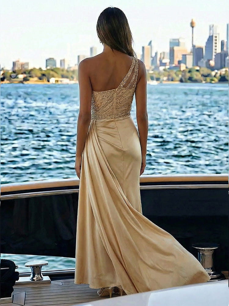 One Shoulder Mermaid Sequin Evening Dresses with Slit