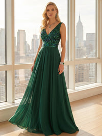 V Neck Chiffon A Line Long Evening Dresses with Sequins