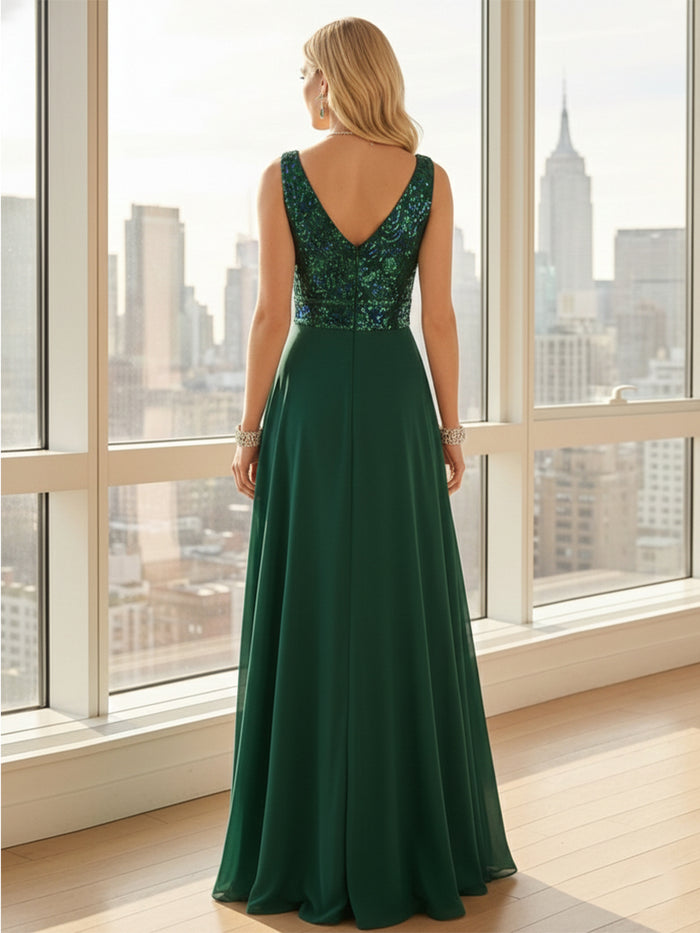 V Neck Chiffon A Line Long Evening Dresses with Sequins